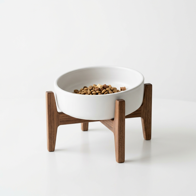 Walnut elevated ceramic pet feeding bowl with raised design for healthy eating posture