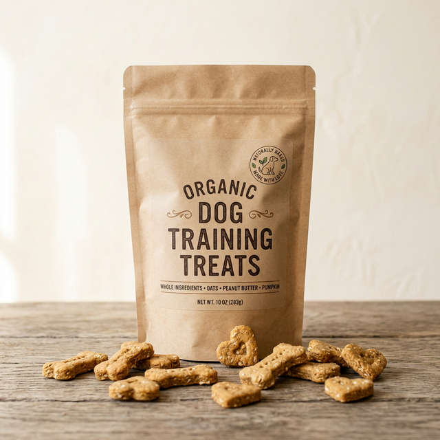 Organic natural dog training treats in resealable packaging for reward-based training