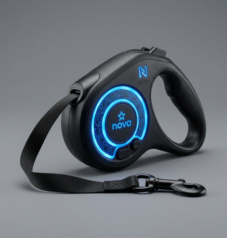Retractable dog leash with LED safety ring for night walks