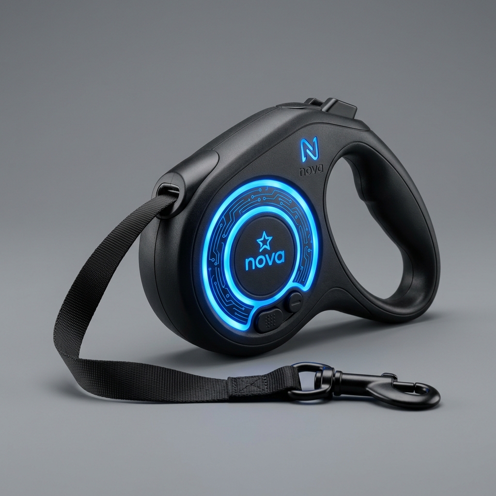 Retractable dog leash with LED safety ring for night walks
